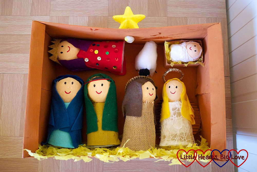 The Nativity figures inside the shoebox stable