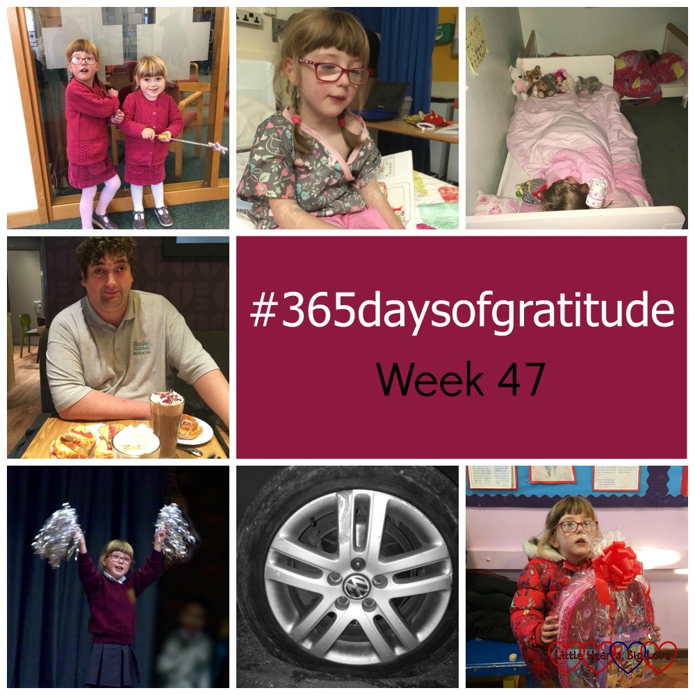 Jessica and Sophie at church; Jessica sitting on her bed in hospital; Jessica and Sophie sleeping in their own beds at home; hubby at Costa; Jessica performing in her school assembly; a flat tyre on my car; Jessica holding a raffle prize - "#365daysofgratitude - Week 47"
