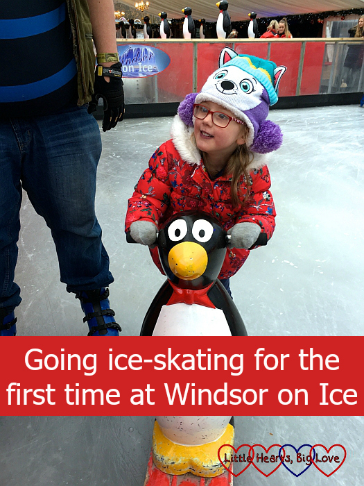 Jessica with a penguin skate aid - "Going ice-skating for the first time at Windsor on Ice"