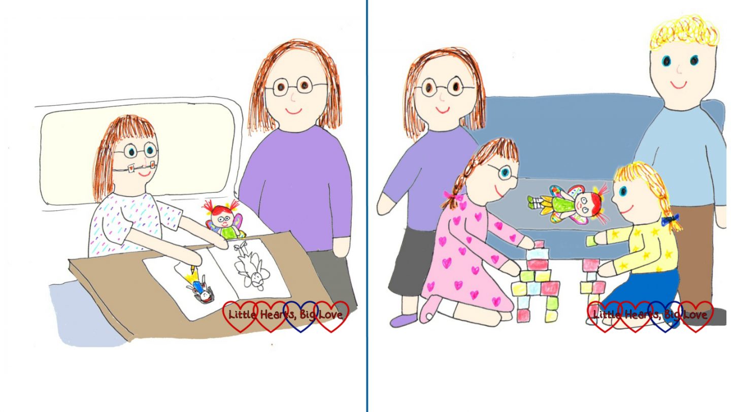 A drawing of Jessica in hospital and a drawing of us at home as a family after the hospital stay