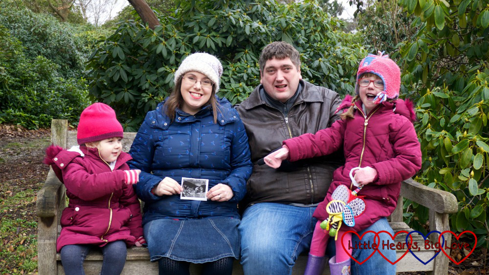 Sophie, me, hubby and Jessica sitting on a bench with me holding a scan photo
