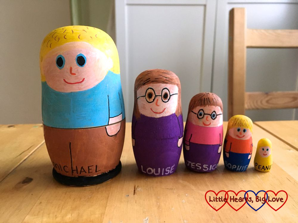 Our family represented in painted Russian dolls - Michael, Louise, Jessica, Sophie and "Peanut"