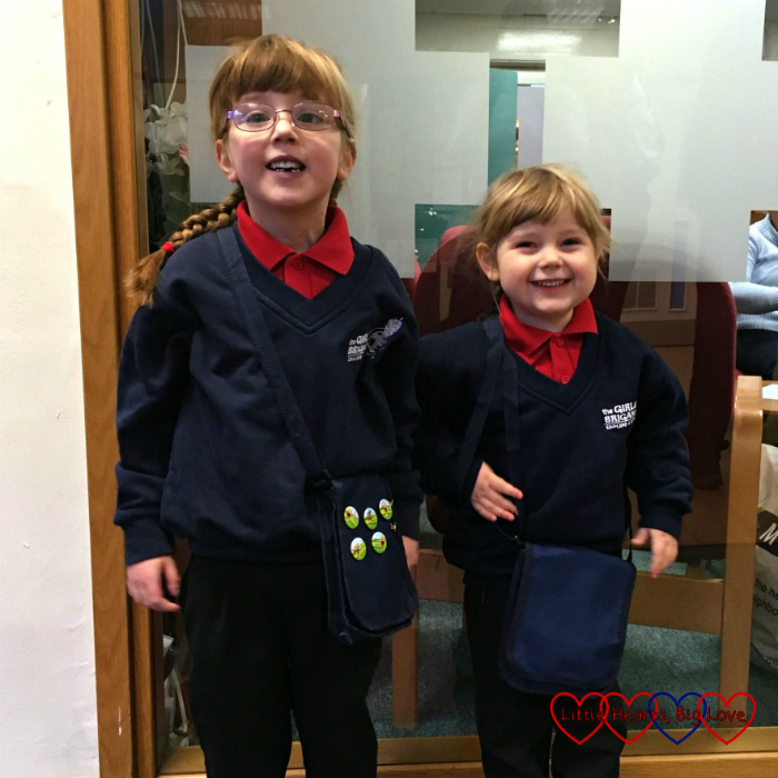 Jessica and Sophie at church in their Girls' Brigade uniforms