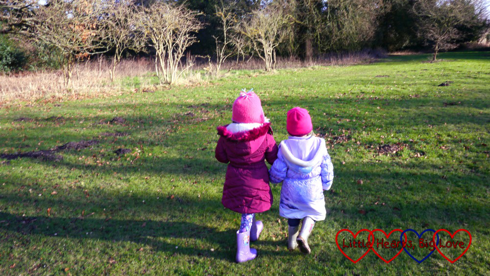 Jessica and Sophie walking hand-in-hand across a meadow