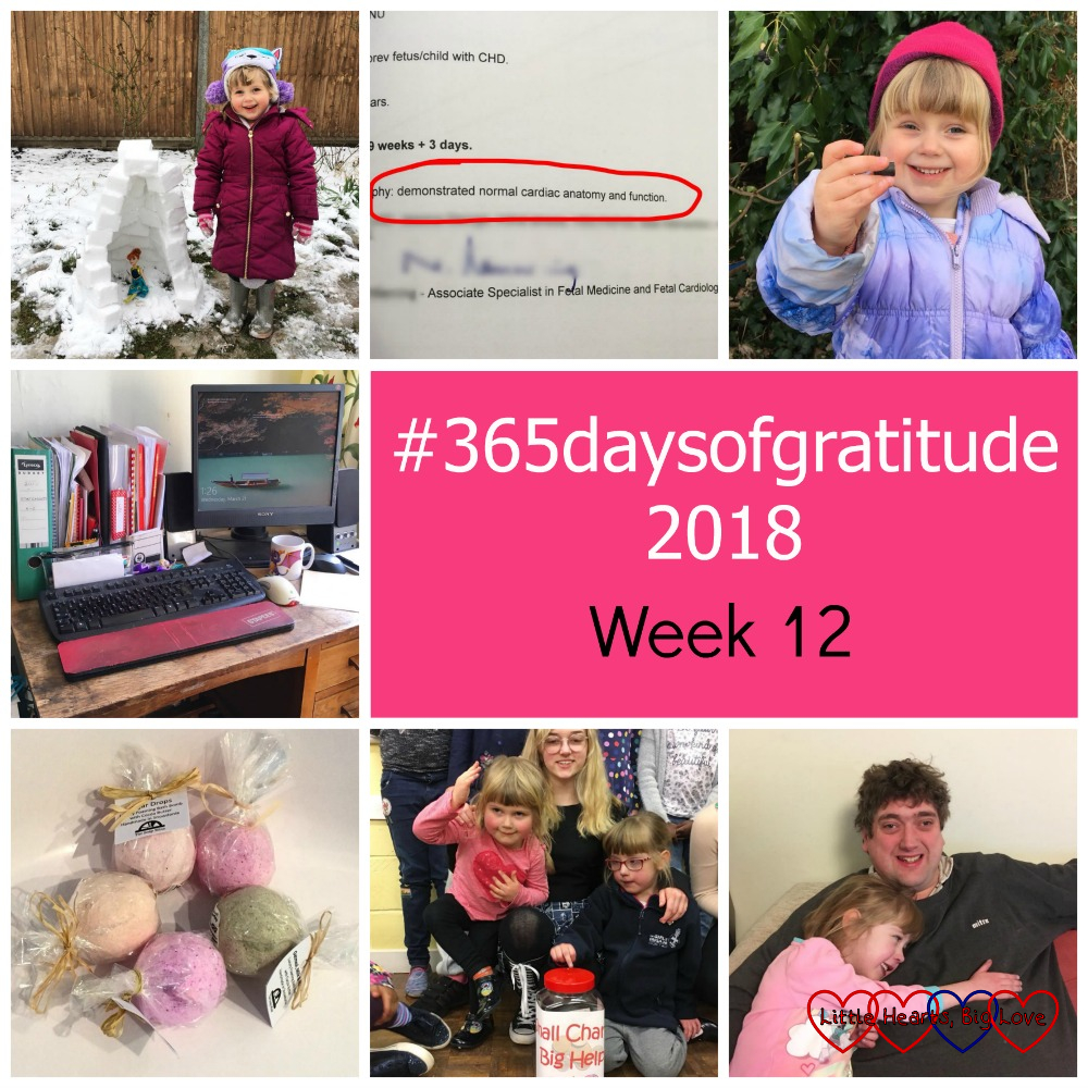 Sophie with her mini-igloo; the report from Peanut's heart scan; Sophie holding up a geocache; my desk; bath bombs; Sophie and Jessica with the "small change, big help" jar at Girls' Brigade; Jessica having snuggles with Daddy