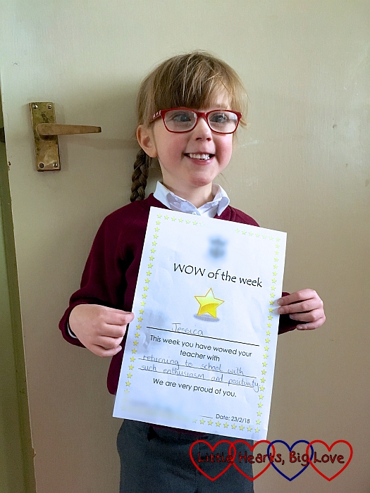 Jessica with her "Wow of the Week" certificate