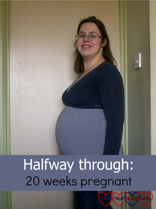 Me at 20 weeks pregnant with Peanut - "Halfway through: 20 weeks' pregnant"