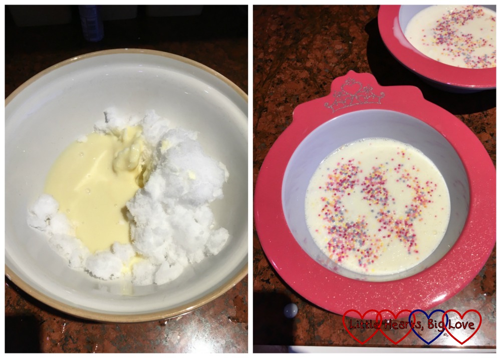 A bowl of snow with condensed milk (l) and runny snow ice-cream "soup" with sprinkles