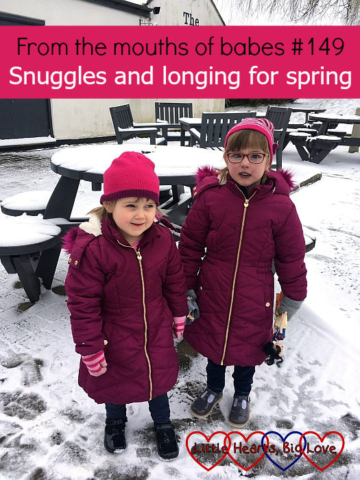 Jessica and Sophie in the snow - "From the mouths of babes #149 - Snuggles and longing for spring"