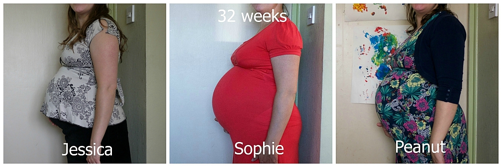 Bump comparison photo showing Jessica, Sophie and Peanut at 32 weeks