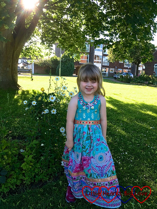 Sophie in a pretty new dress from Monsoon