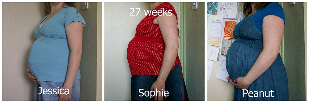 A comparison photo of my bump at 27 weeks with Jessica, Sophie and Peanut
