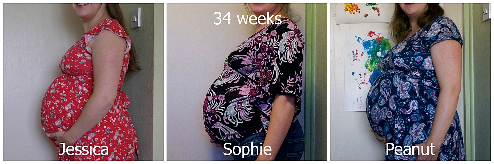 Bump comparison photo - me at 34 weeks' pregnant with Jessica, Sophie and Peanut