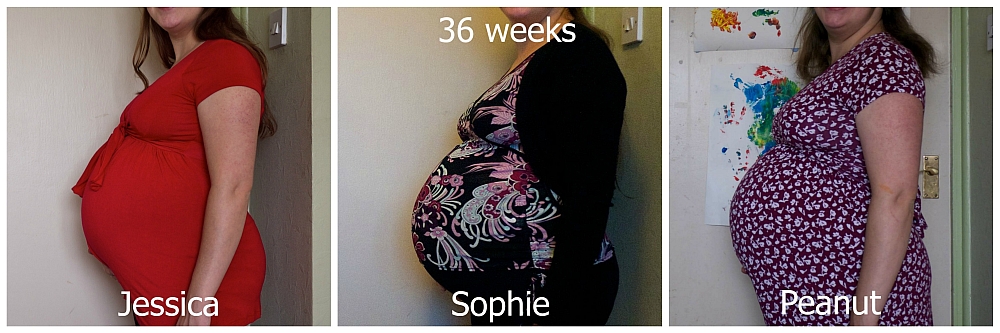 Bump comparison photo at 36 weeks with Jessica, Sophie and Peanut