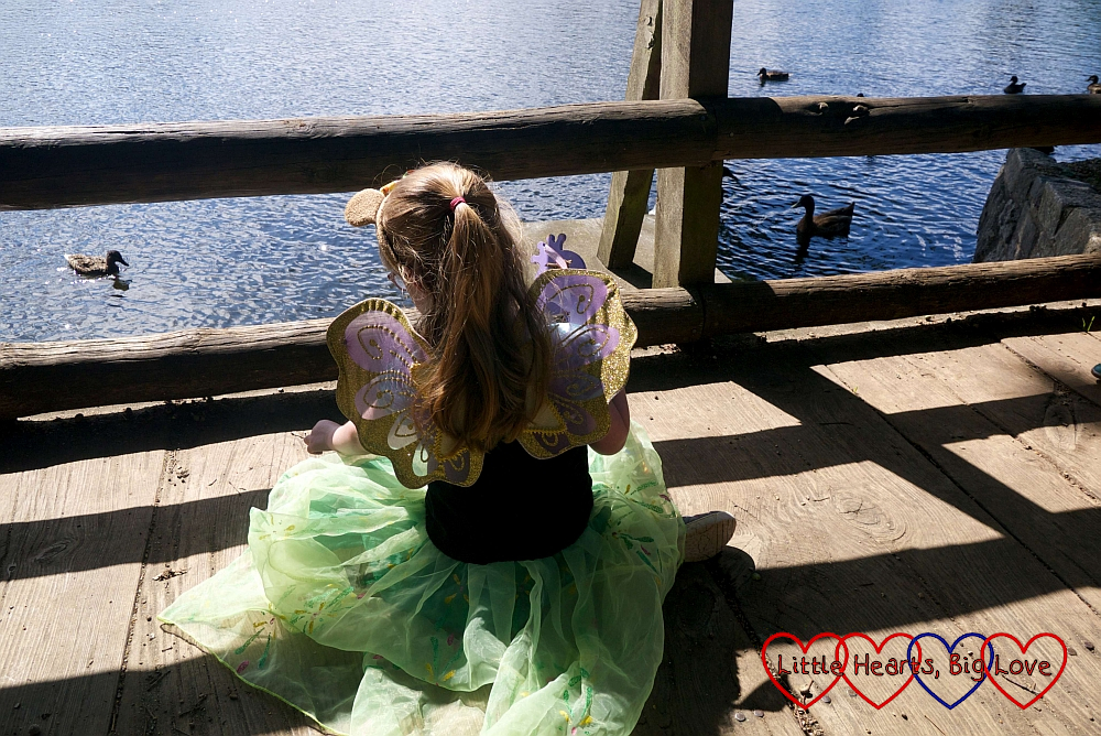 Jessica wearing a princess dress and fairy wings, looking over a lake