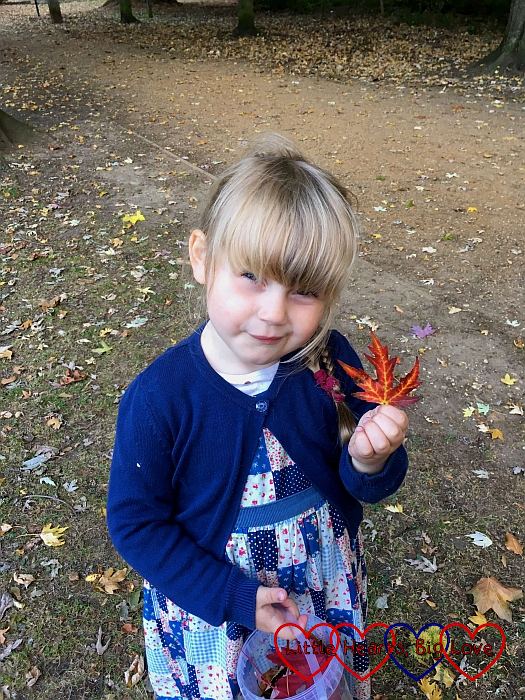 Sophie holding up a red and green leaf