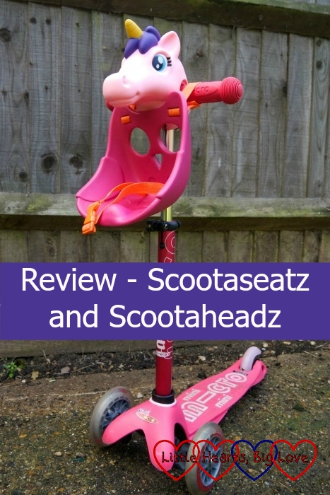 Sophie's scooter with the Bella Scootaheadz and pink owl Scootaseatz attached - "Review - Scootaseatz and Scootaheadz"