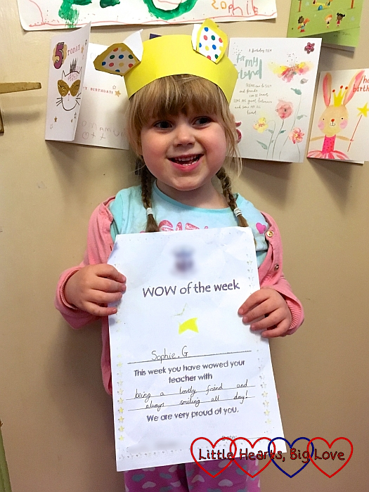 Sophie with her WOW of the week certificate