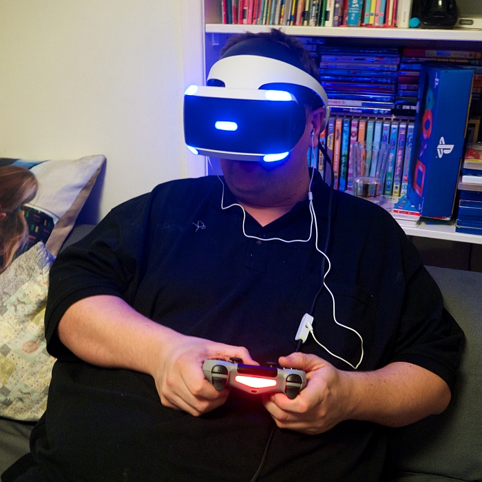 Hubby wearing the PlayStation VR headset