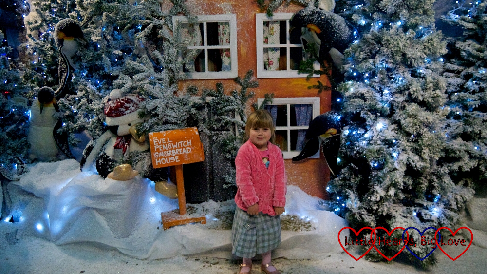 Sophie standing outside one of the houses in the Winter Wonderland