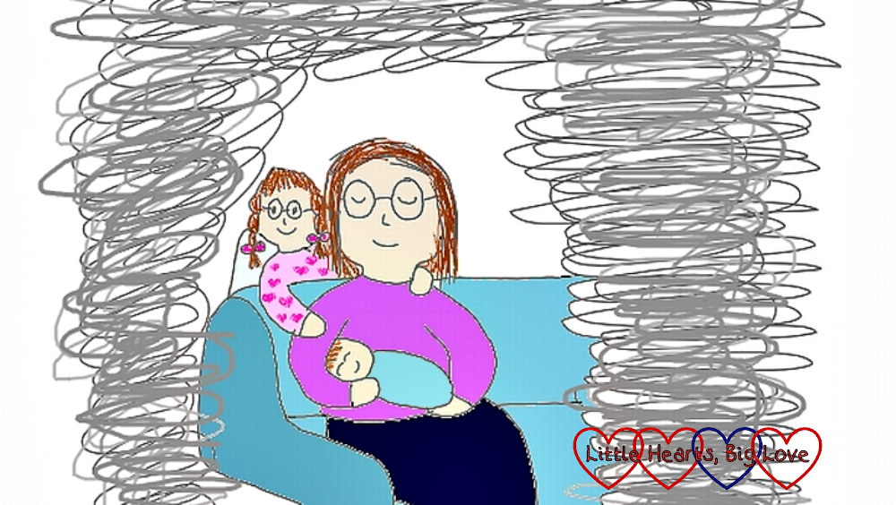 A drawing of me sitting on the sofa holding Thomas with angel Jessica behind me