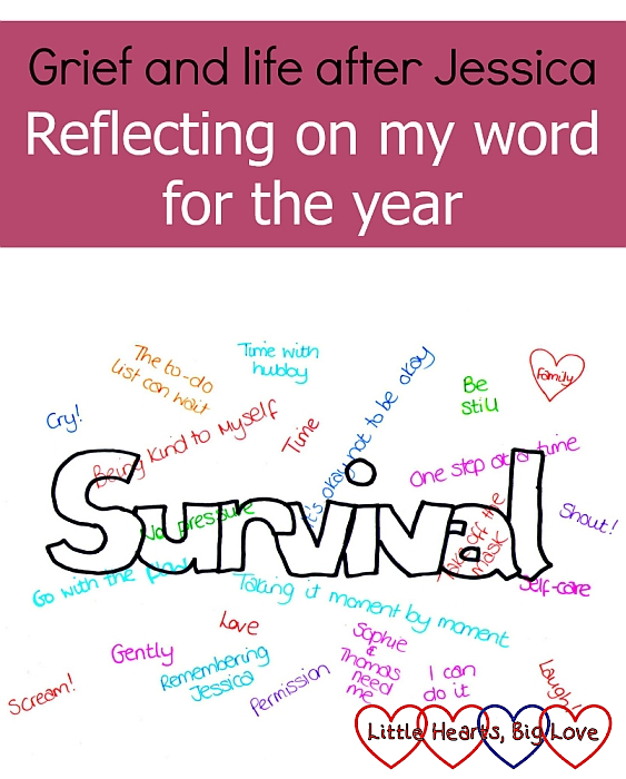 The word survival in front of a word cloud of encouraging phrases and words - "Grief and life after Jessica: Reflecting on my word for the year"