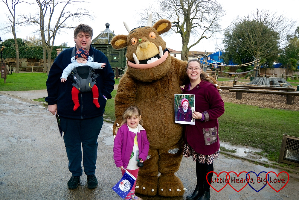 Me (holding Jessica's photo), hubby, Sophie and Thomas with the Gruffalo at Chessington World of Adventures