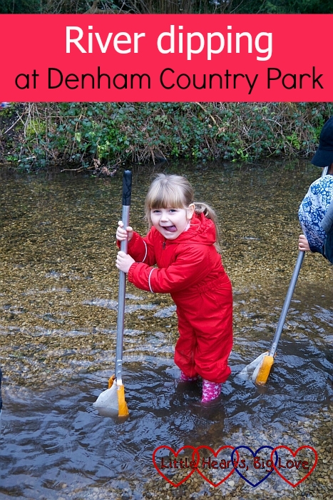 Sophie standing in the river with her net in the water – “River dipping at Denham Country Park”