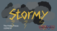 The word 'stormy' on a backdrop of dark clouds