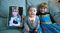 A picture of Jessica wearing a princess dress; Thomas in a Harry Potter sleepsuit; Sophie in a princess dress