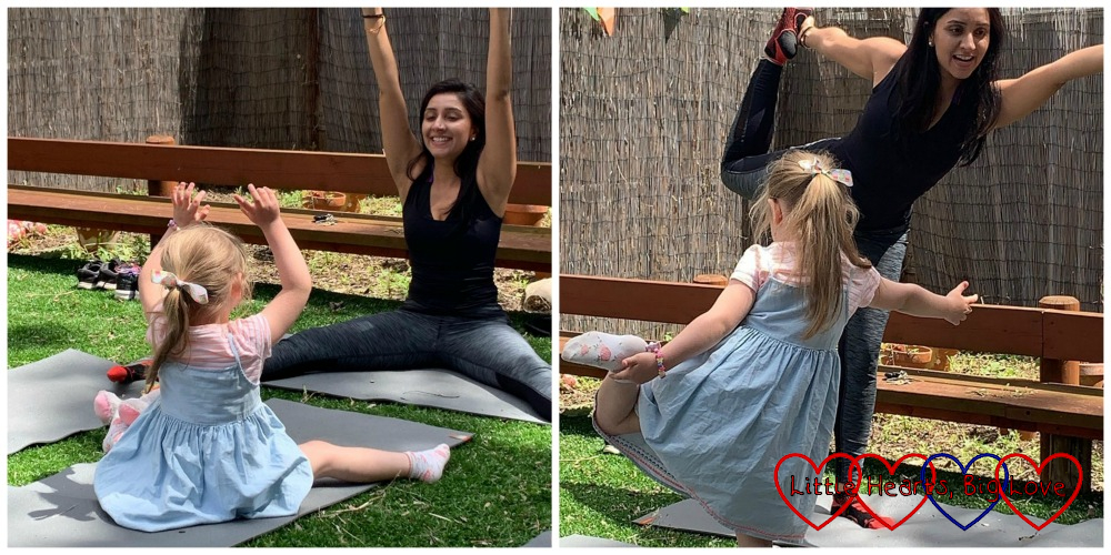 Two photos of Sophie in different yoga poses