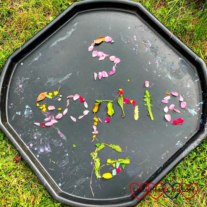Sophie's name spelled out in petals and leaves on a tuff tray