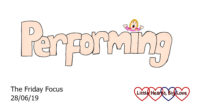 The word performing with a doodle of Sophie as the dot over the 'i'