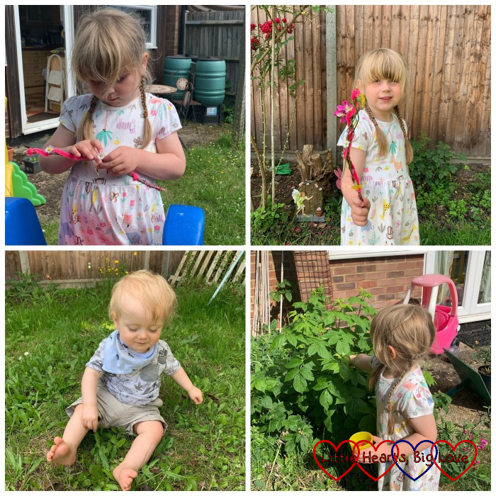 (top) Sophie making a nature fairy wand; Sophie with her finished nature fairy wand; (bottom) Thomas sitting on the grass; Sophie picking raspberries