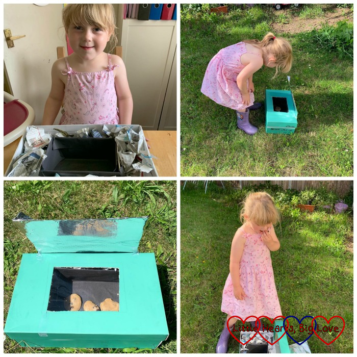 (top) Sophie making her solar oven; Sophie checking on the solar oven in the garden; (bottom) cookies baking in the solar oven; Sophie eating a cookie