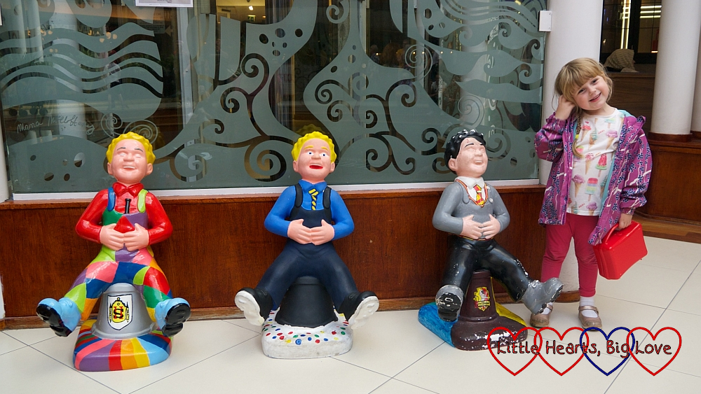 Sophie with three Wee Oor Wullies in Princes Square- Patch, Our Wullie and K C Potter