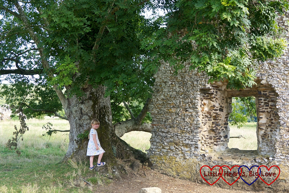 Sophie standing next to a tree near one of the walls of Waverley Abbey