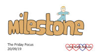 The word 'milestone' with a doodle of Thomas walking above the 'o' and 'n'