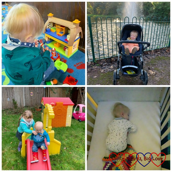 Thomas playing with a HappyLand house at toddler group; Thomas in his buggy in front of a fountain; Sophie helping Thomas go down the slide in the garden; Thomas asleep in his cot
