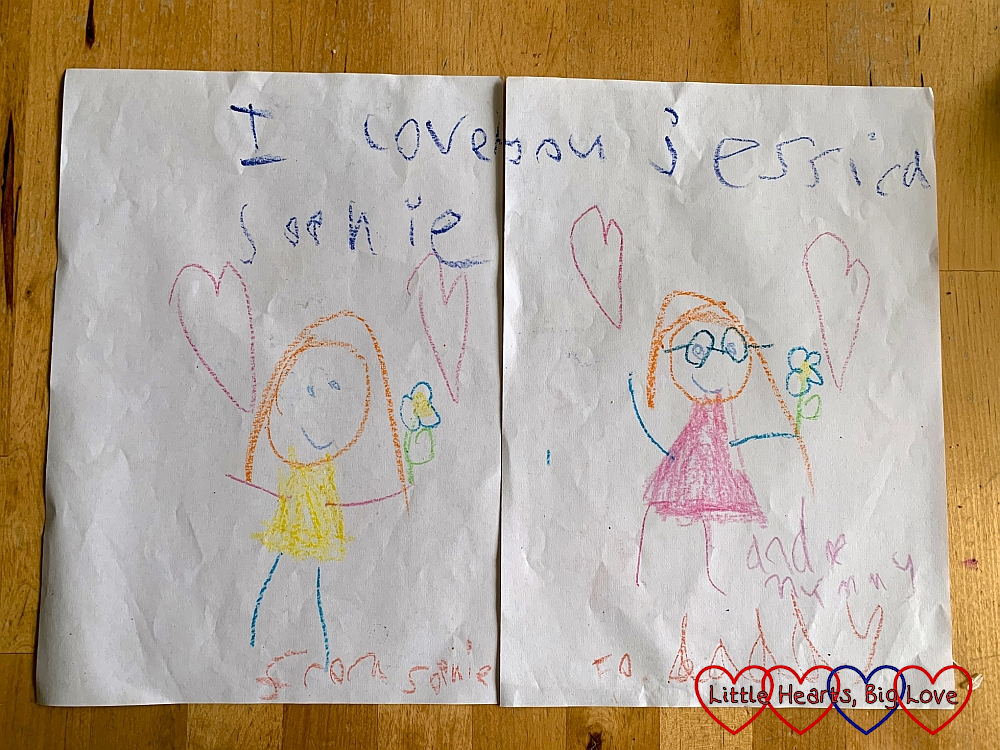 Sophie's drawing of herself and Jessica with "I love you Jessica" written at the top