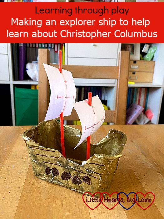An explorer ship made from a margarine tub - "Learning through play: Making an explorer ship to help learn about Christopher Columbus"