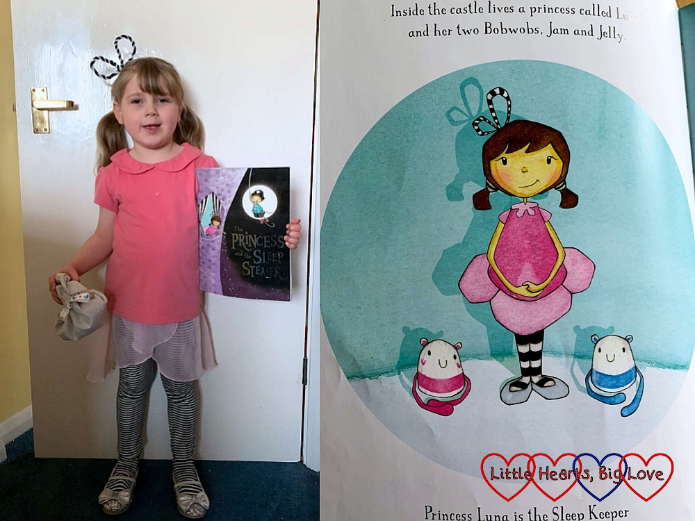 (left) Sophie dressed as Princess Luna from 'The Princess and the Sleep Stealer'; (right) a page from the book with a drawing of Princess Luna