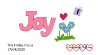 The word 'joy' in pink with doodles of a red heart, blue forget-me-nots and a lilac butterfly