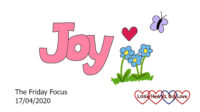 The word 'joy' in pink with doodles of a red heart, blue forget-me-nots and a lilac butterfly