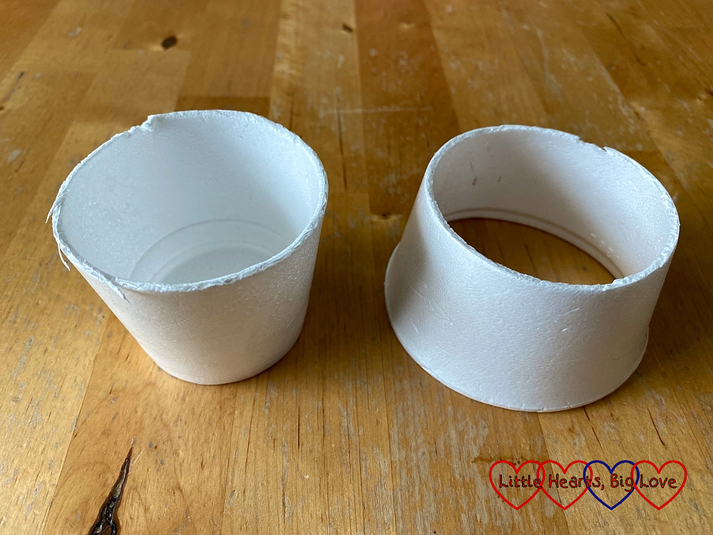 A polystyrene cup cut in half