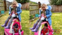 Two photos of Sophie holding a photo of Jessica and sitting on top of the Little Tikes car with Thomas sitting inside it