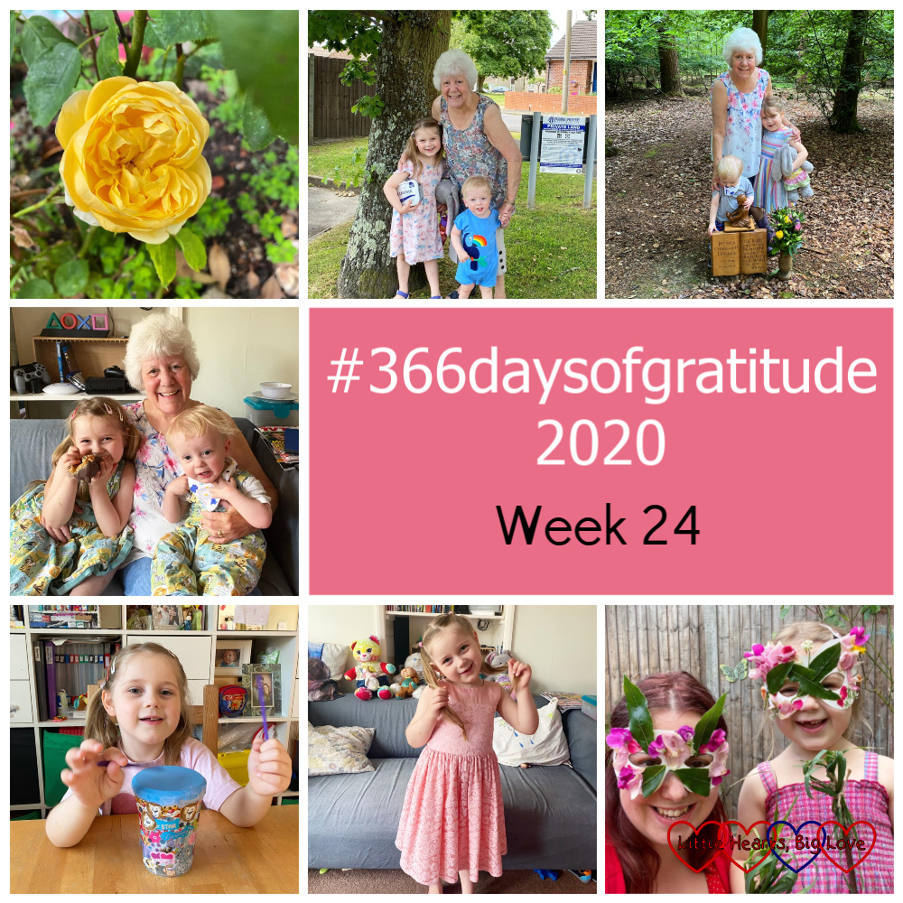 A yellow Charlotte rose in the garden; my mum with Sophie and Thomas near her house; my mum with Sophie and Thomas at Jessica's forever bed; my mum sitting on the sofa with Sophie and Thomas; Sophie with the drum she made from a plastic pot; Sophie in a pretty pink lace dress; me and Sophie wearing nature masks - "#366daysofgratitude 2020 - Week 24"