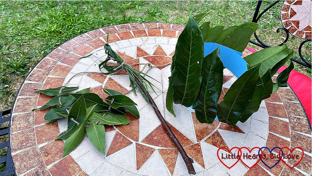 A leaf necklace, grass-heart wand and a leaf crown on a garden table