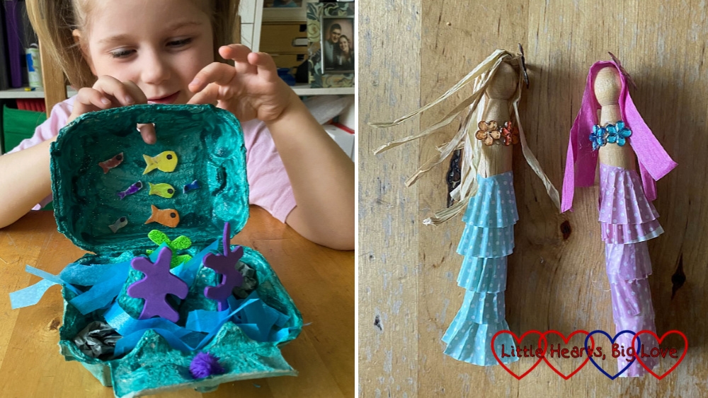 (left) Sophie with her ocean in an egg box; (right) two peg doll mermaids