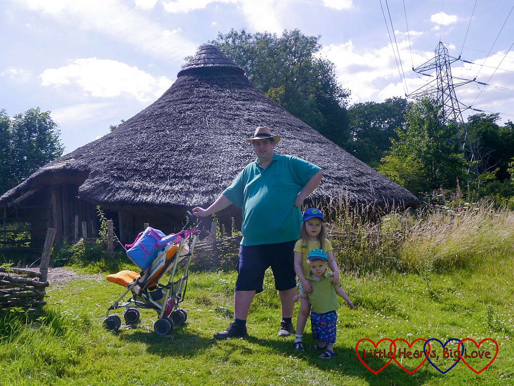 Daddy. Sophie and Thomas outside the Iron Age House at Chiltern Open Air Museum